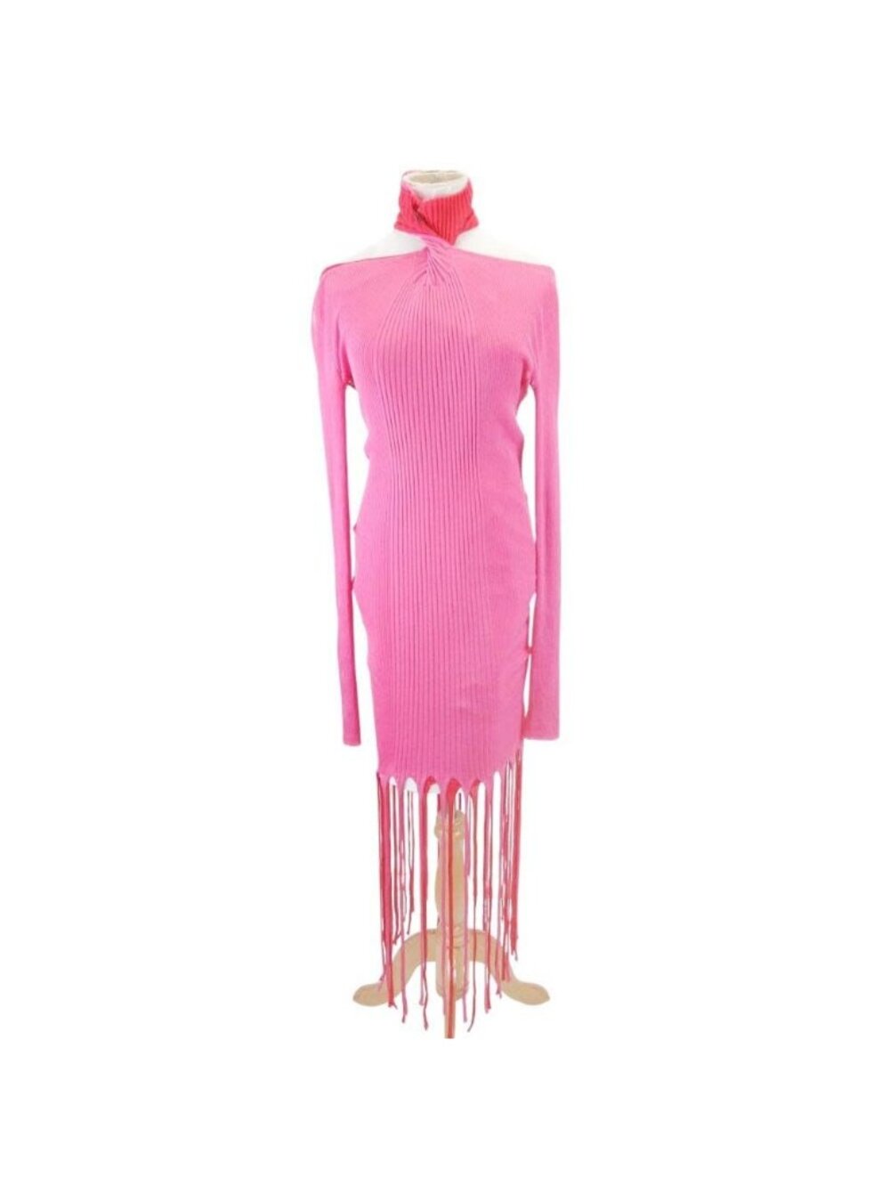 Bottega Veneta Prefall Back Open Turtle Knit Dress Fringe Pink Red XS